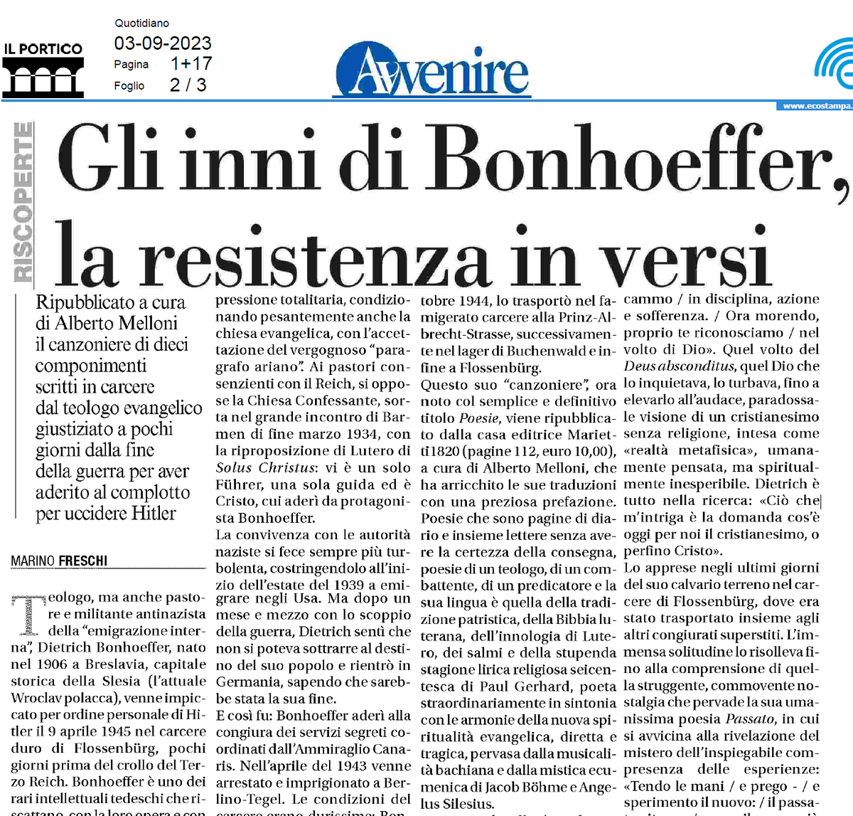 albertomelloni's tweet image. Le poesie di #Bonhoeffer recensite oggi da Marino Freschi su @Avvenire_Nei, nella collana di poesie @mariettieditore