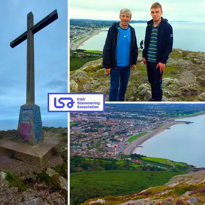 Photo collage of 3 images.
#1 Photo of the concrete cross at the peak of Bray Head.
#2 Photo of 2 men stood at the top of Bray Head with sea view behind them
#3 Panoramic view of the sea and Bray promenade and village below
The Irish Stammering Association Logo is centred in the middle