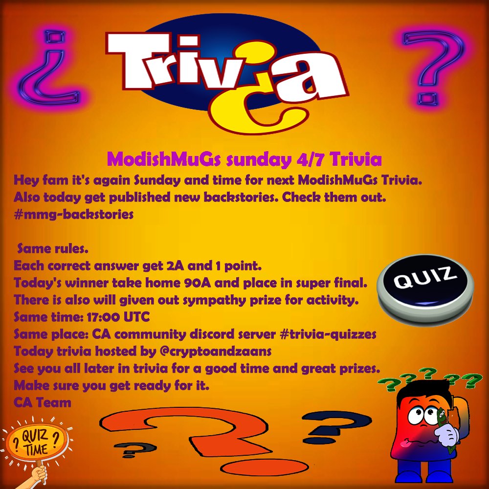CryptoAndzaans's tweet photo. Hey #algofam π
It's again sunday and agai trivia time π₯
Join our discord for max prizes and fun ππͺβ¨οΈ
https://t.co/F86Wqdsxpe
#LFG #AlgorandNft #Trivia #ModishMuGs #Muglers
#CA #CryptoAndzaans #Giveaways #NFTCommunity https://t.co/EEXziLWhr0