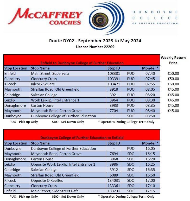McCaffrey Coaches (@mccaffreycoach) on Twitter photo DY02 operating from Enfield, Kilcock, Maynooth, Celbridge & Leixlip to <a href="/DunboyneCollege/">Dunboyne College FE</a> from Monday 11th September. Register here: eventbrite.ie/e/dy02-enfield… DY02 operating from Enfield, Kilcock, Maynooth, Celbridge & Leixlip to <a href="/DunboyneCollege/">Dunboyne College FE</a> from Monday 11th September. Register here: eventbrite.ie/e/dy02-enfield…