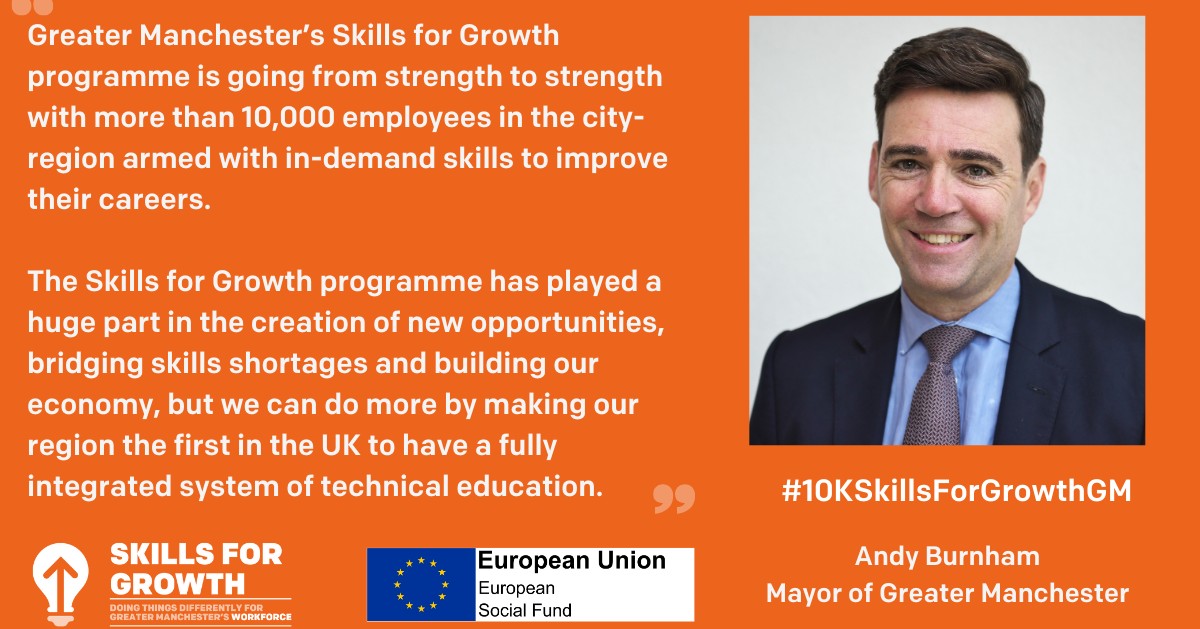 "The Skills for Growth programme has played a huge part in the creation of new opportunities, bridging skills shortages and building our economy." Andy Burnham, Mayor of Greater Manchester. 

<a href="/SkillsGrowthSME/">SkillsForGrowthSME</a> we've supported over 3800 SMEs and 20K Learners. 

#SkillsForGrowthGM