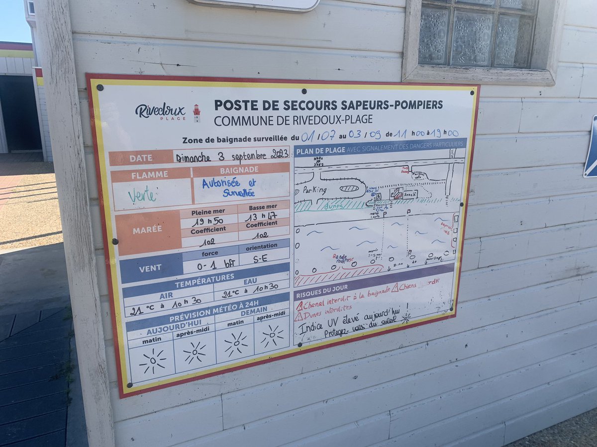 gaylord_rab's tweet photo. 🟥🟨 #BEACHREPORT DE LA SEMAINE 

Il est 11h00 et c’est le début de la surveillance !

Nagez toujours dans une zone de baignade surveillée et surfez a proximité d'un poste de secours du @SDIS17 🛟 🧑‍🚒

#securitecivile #sauveteur #lifeguard #pompiers #prevention #Drowningprevention https://t.co/AzuGFx7RuW