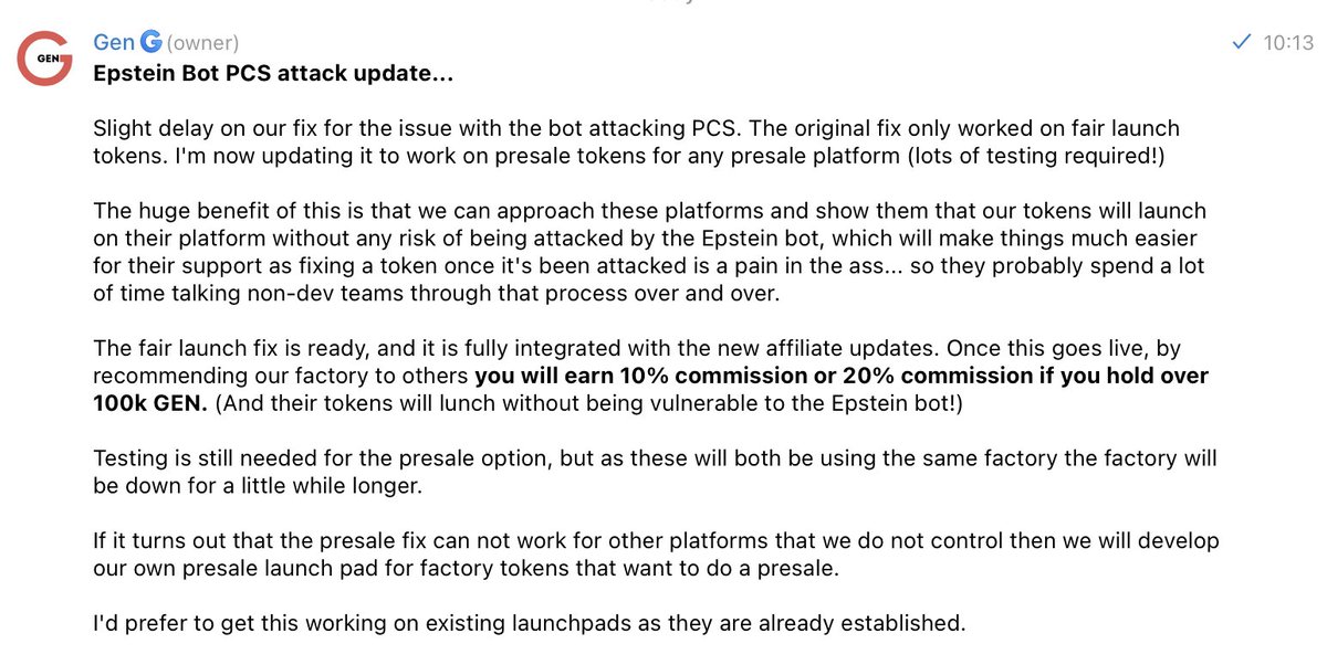 Epstein Bot PanCakeSwap Attack Updates.... Join our Telegram for full details on progress. The new Factory will be live soon!  Join us at t.me/GenTokens #TokensByGen