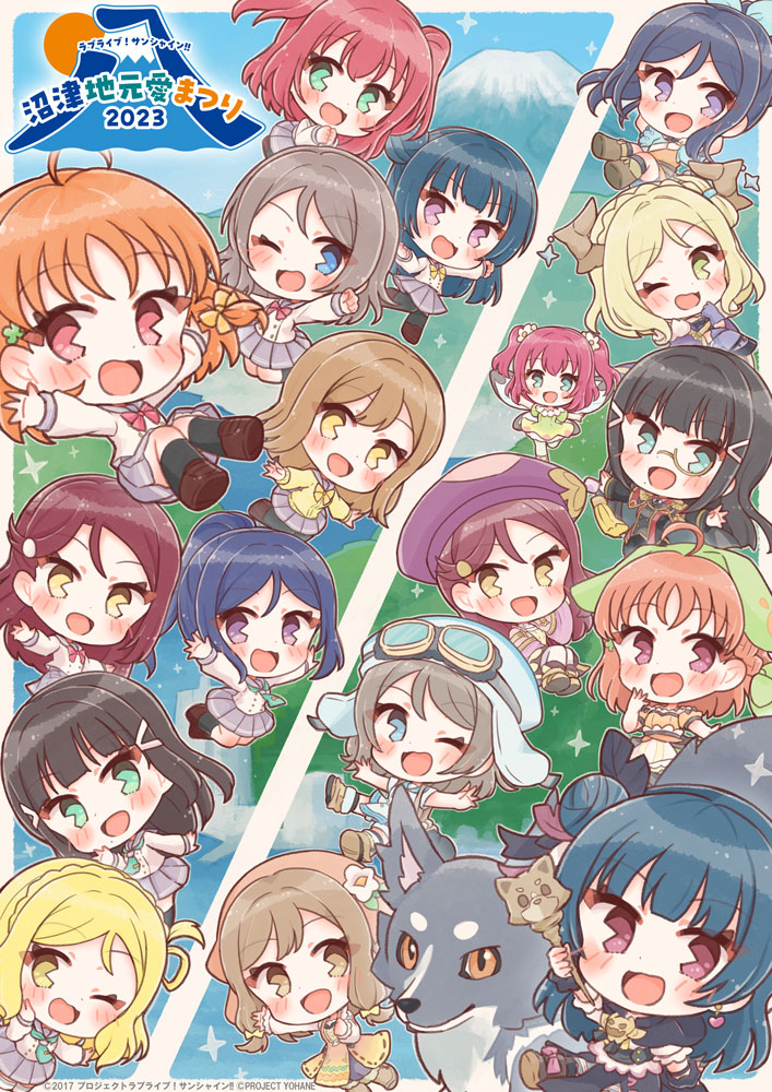 kunikida hanamaru ,kurosawa dia ,kurosawa ruby ,matsuura kanan ,ohara mari ,sakurauchi riko ,takami chika ,tsushima yoshiko ,watanabe you uranohoshi school uniform multiple girls chibi 6+girls one eye closed red hair orange hair  illustration images