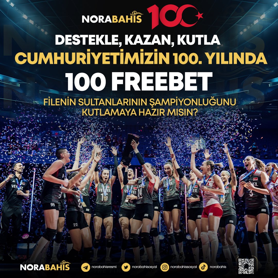 🏐 NoraBahis’ten Filenin Sultanlarına Tam Destek! 

🏐 🇹🇷 Destekle, Kazan, Kutla: Cumhuriyetimizin 100. Yılında Şampiyonluğa Özel 100 Freebet Ödülü! Filenin Sultanlarının Şampiyonluğunu Kutlamaya Hazır Mısın?" 🏐🏆 #NoraBahisTamDestek 

⬇️ Katılmak için yapman gerekenler:
1.