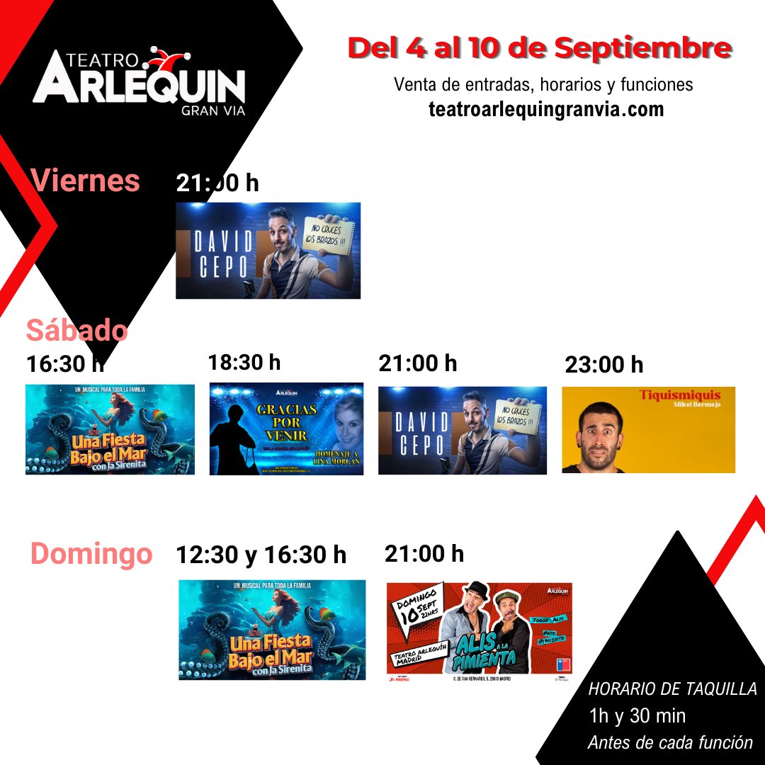 ✨ 🎉 Comenzamos la primera semana de Septiembre!!

Consulta toda nuestra programación en:
𝘁𝗲𝗮𝘁𝗿𝗼𝗮𝗿𝗹𝗲𝗾𝘂𝗶𝗻.𝗰𝗼𝗺

#programcion  #ocioycultura #planespormadrid #madrid