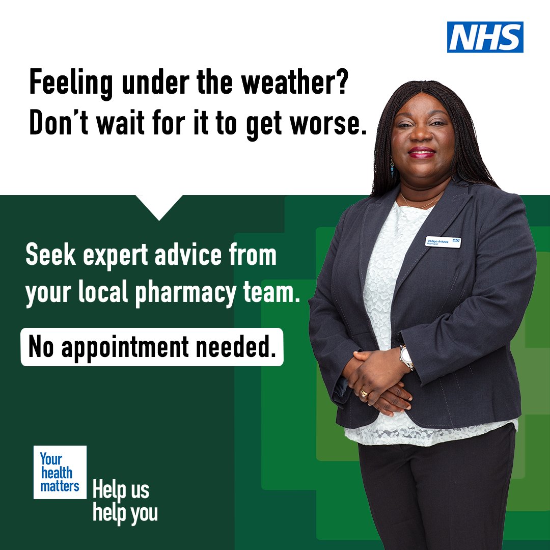 Feeling under the weather?

Your local pharmacist can help with minor health problems, such as aches and pains, allergies, sore throats and colds, stomach problems and skin conditions.

For expert advice, talk to your pharmacist: nhs.uk/using-the-nhs/…

#HelpUsHelpYou