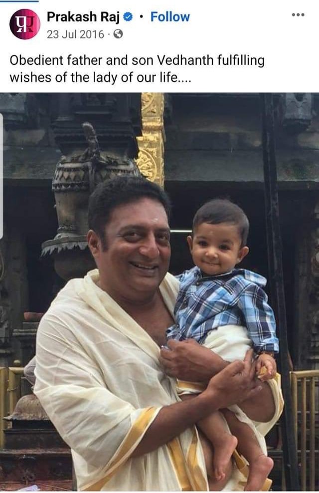 <a href="/prakashraaj/">Prakash Raj</a> It's time to unveil some facts about this gutter, #PrakashRaj. I had to write this because he has crossed his limits by insulting our dharma.

Prakash Raj married Lalitha Kumari in 1994 and had three kids (2 daughters and 1 son). His 5-year-old son passed away in 2004 after