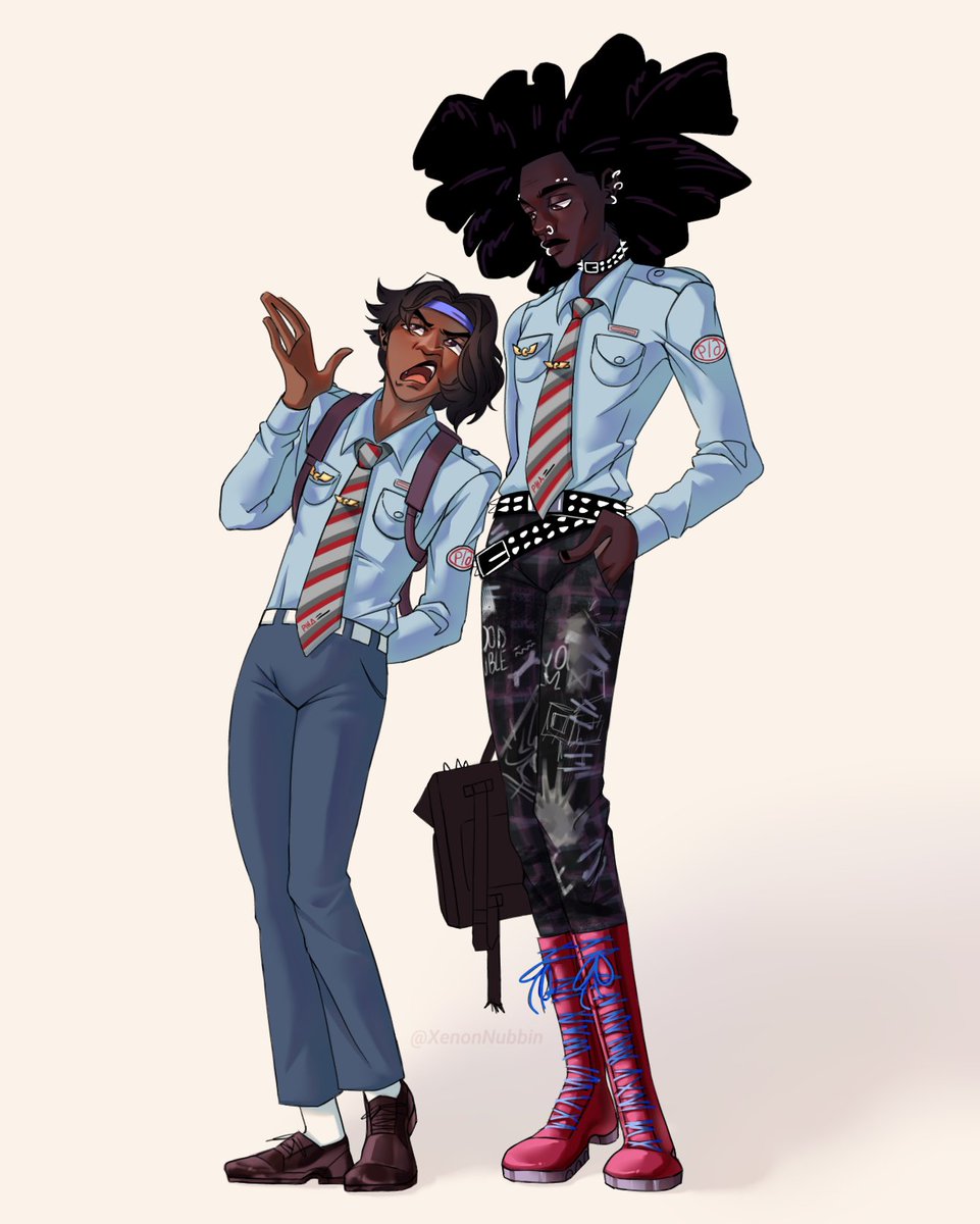 Well, the school year has begun, so I thought «Why not draw Hobie and Pavitr in my college uniform?» 
(It's hard to believe that Hobie follows any rules)

#SpiderVerse #Chaipunk #HobieBrown #PavitrPrabhakar
