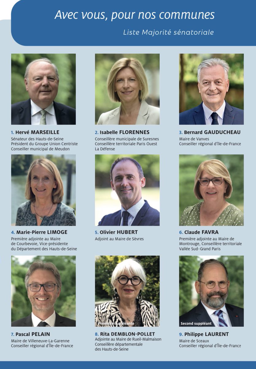 La liste « Avec vous, pour nos communes » : des élu(e)s impliqués et engagés au sein de leurs communes, de leurs intercos, au Département <a href="/hautsdeseinefr/">Département des Hauts-de-Seine</a> ou encore à la Région <a href="/iledefrance/">Région Île-de-France</a>  Ils ont accepté de faire équipe avec moi pour les #HautsDeSeine
#Sénatoriales2023 🗳️ J-21