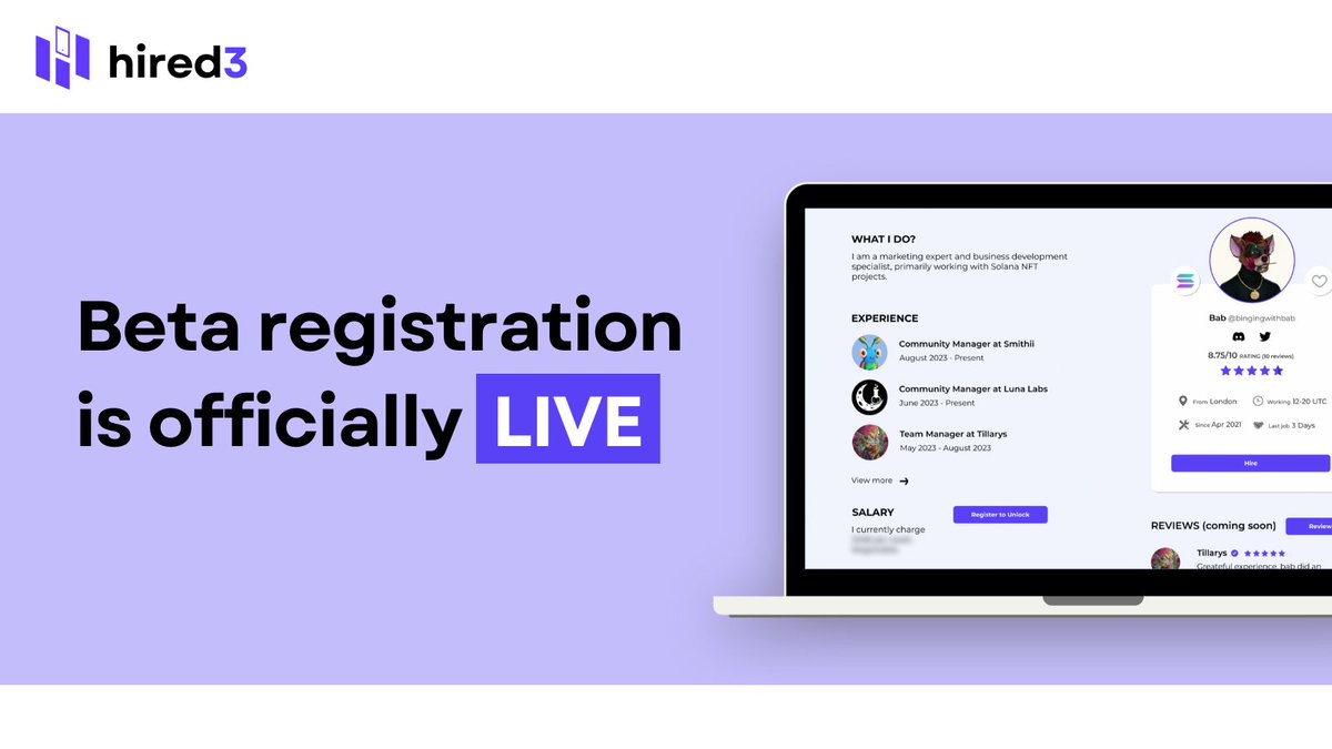 hired3app's tweet photo. Registrations for the hired3 Beta are live!

125/200 spots are already reserved for partner DAOs.

Use the link in bio to register now 📝 https://t.co/GLbAHeKOPd