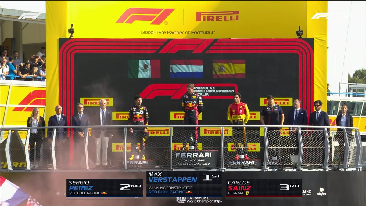 PeekPerfomance's tweet photo. PODIUM #F1 #Pirelli #ItalianGP 🇮🇹
P1⃣ Max Verstappen 🇳🇱I Red Bull Racing
P2⃣ Sergio Pérez 🇲🇽I Red Bull Racing
P3⃣ Carlos Sainz 🇪🇸I Ferrari
📸F1 TV
#Formula1 #PirelliPZero #ItalianGrandPrix #GrandePremioDItalia
All drivers: https://t.co/yu99cxpLxs