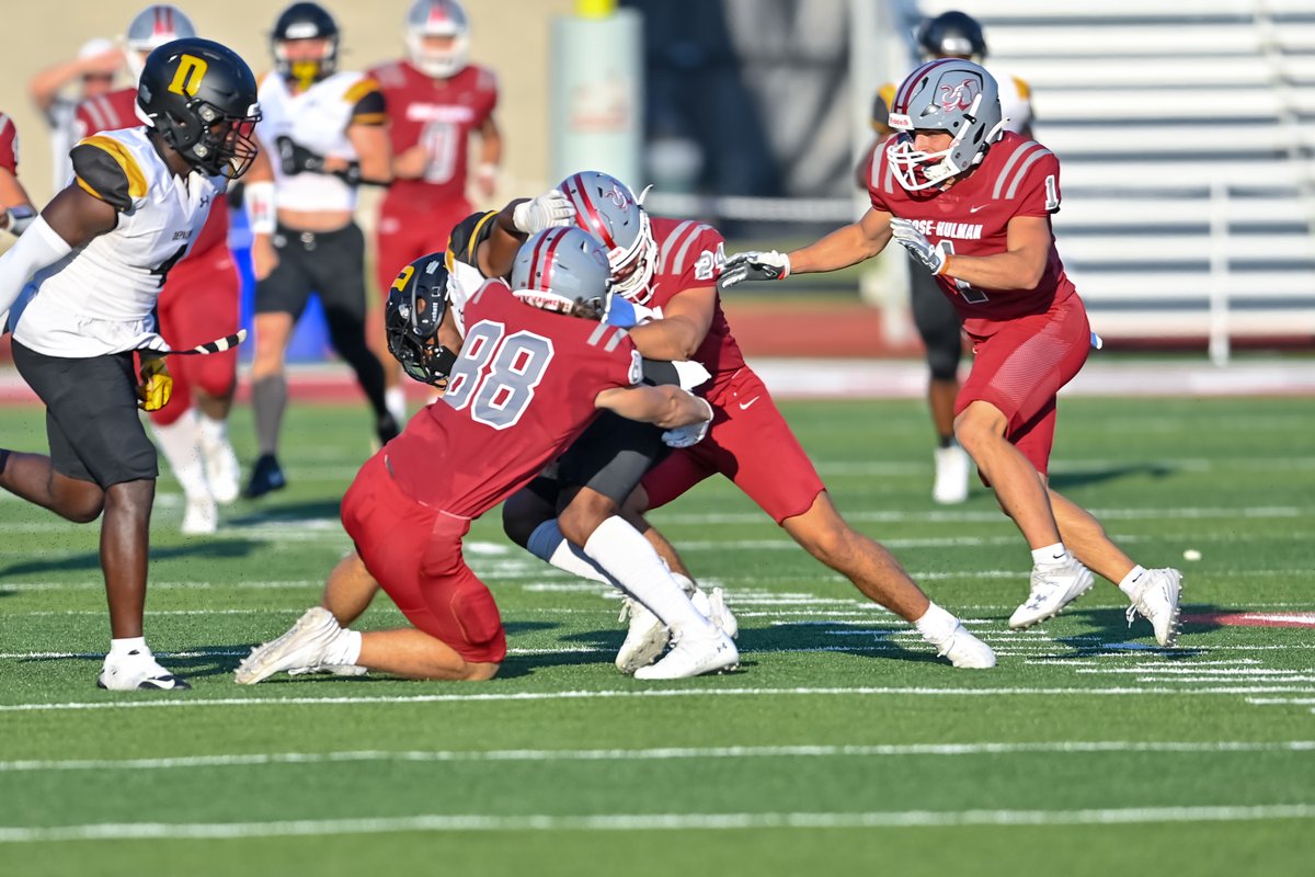 Rose-Hulman Freshman Kolton Nanko makes a stop on his first collegiate play during a punt return against DePauw University