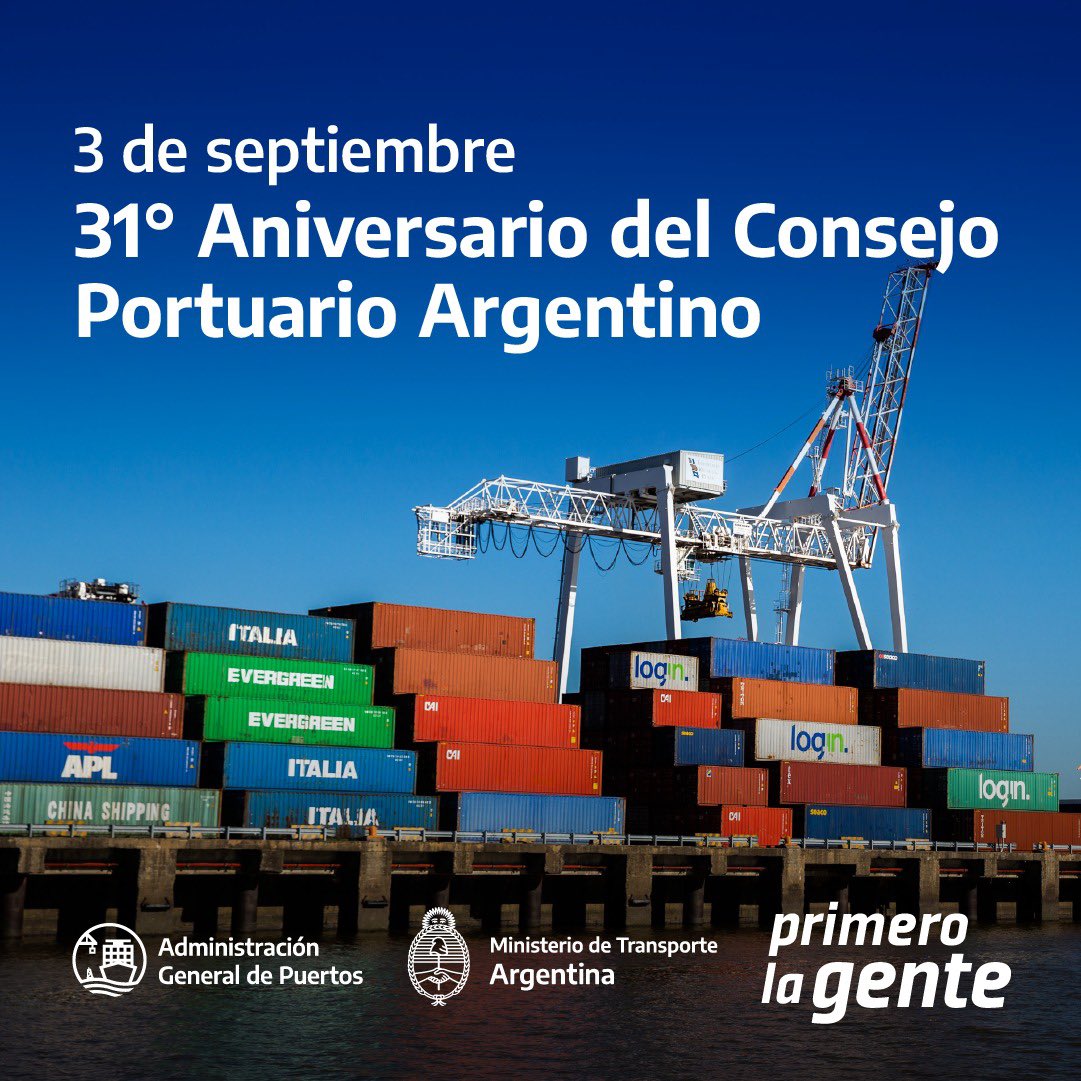 AGPuertos's tweet photo. Hoy celebramos el Aniversario N°31 de la creacion de @cportuario, creado con el fin de agrupar y potenciar los puertos argentinos. En conjunto seguiremos trabajando para planificar politicas portuarias integrales e inovadoras https://t.co/3bWeccYVFe