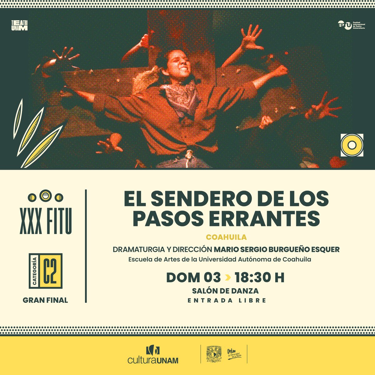 ¡Estamos por iniciar el tercer día de actividades del #30FITU! 🎭 🫰🏾𝗗𝗢𝗠𝗜𝗡𝗚𝗢 𝟯 𝗗𝗘 𝗦𝗘𝗣𝗧𝗜𝗘𝗠𝗕𝗥𝗘 | Centro Cultural Universitario | ¡ENTRADA LIBRE! Más información: bit.ly/CatalogoFITU