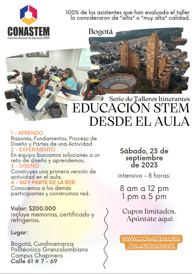 colstem's tweet image. 🎉 ¡Atención apasionados de STEM! 🧪🔍 Taller presencial en Bogotá el 23 de septiembre. ¡Cupos limitados! 💡🔬 #EducaciónSTEM #TallerPresencial Más info: conastem.org/talleritineran…