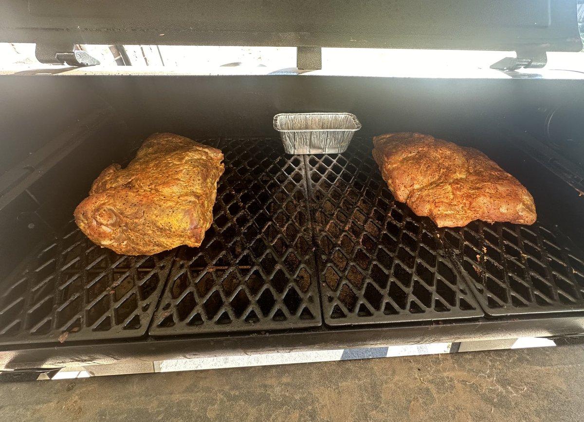 And so it begins! 18lbs of pork shoulder on smoker! I’ll have 6 lbs of smoked sausage to rotate in throughout the day as well as a pan of smoked queso at some point! Going to be about a 10 hour smoke day! Should be fun!