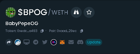 BabyPogCoinETH's tweet photo. DEXTOOLS LOGO UPDATED 🔥
https://t.co/nGYf5dMO1k
#BabyPog #PogCoin #Pog #Ethereum #ETH https://t.co/L8zKd2fhtZ