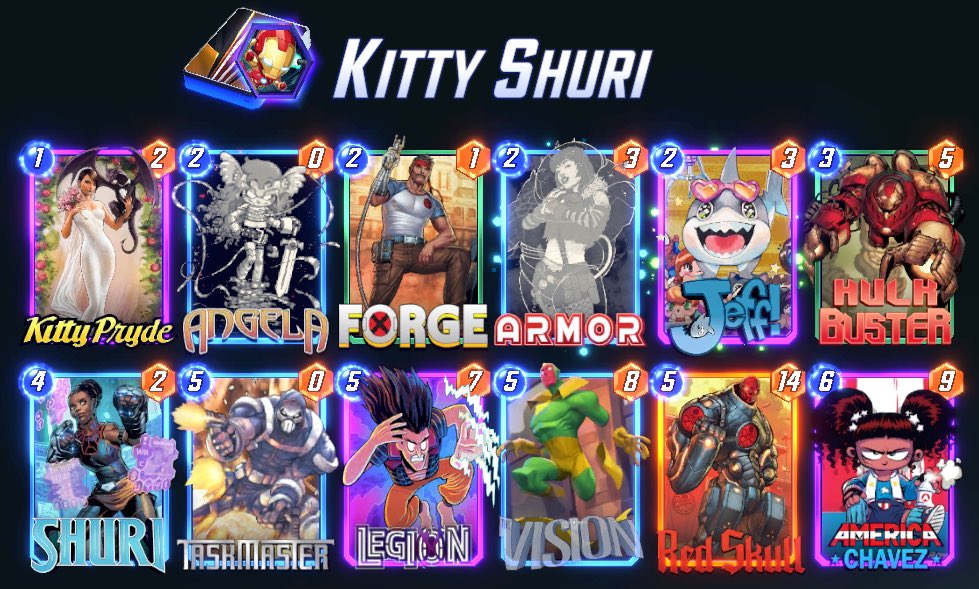 SnapChapsPod's tweet image. Easy Infinity border this morning with this Shuri Kitty list from @OrdinaryHarry. I still think @SafetyBlade_HS’s House Hunters beats this with T5 Wave, which might make House Hunters the best deck in the game right now? #MarvelSnap @SnapDecks