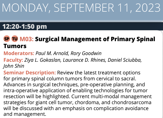 Join @JohnHShinMD of @MGHNeurosurg and other top spine experts to discuss Surgical Management of Primary Spinal Tumors @CNS_Update 2023 next week!