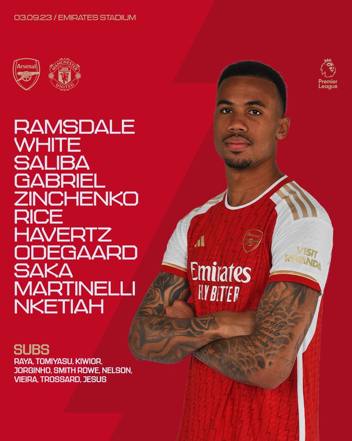 Starting XI: Ramsdale, White, Saliba, Gabriel, Zinchenko, Rice, Havertz, Odegaard, Saka, Martinelli, Nketiah Substitutes: Raya, Tomiyasu, Kiwior, Jorginho, Smith Rowe, Nelson, Vieira, Trossard, Jesus