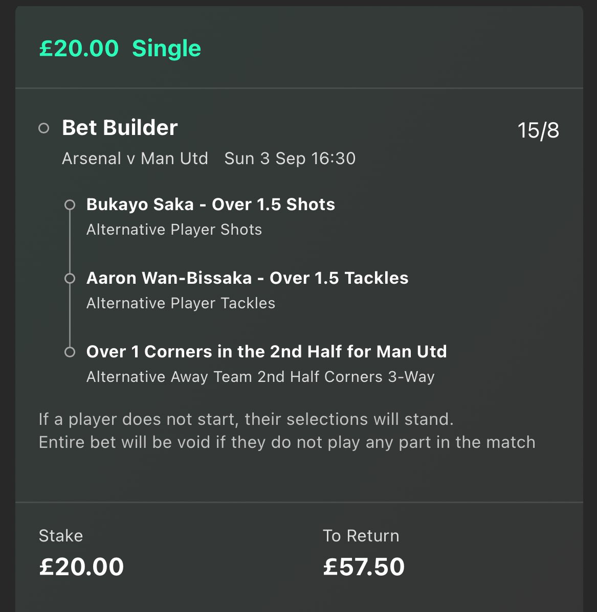 ValueBetSpotter's tweet photo. 📅 Arsenal vs Man United
💰 £20 returns £57.50
🤝 @LordFootyTips 

Saka shots: 3, 3, 3, 3, 1, 2, 2, 5 

Wan Bissaka has had 2 or more tackles in 12/14 games. 

Man United 2nd half corners: 7, 2, 4, 2, 2, 2, 6, 9, 5

LIKE ❤️ if you’re on! https://t.co/9fisba1cAM