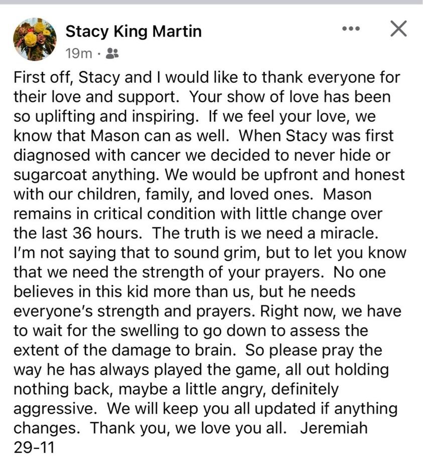 KC_GremlinFball's tweet image. Update from the family #MasonStrong 🙏🙏
