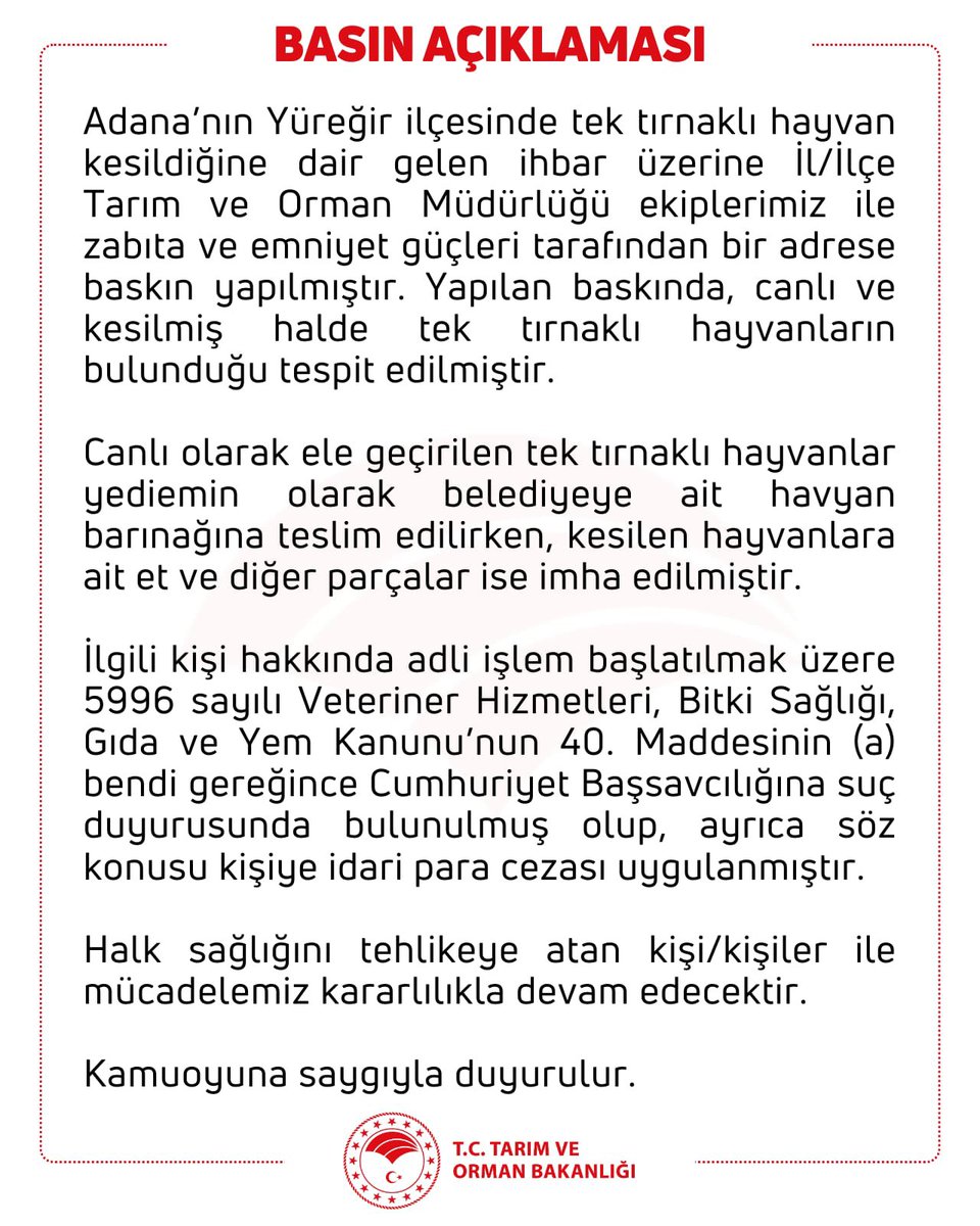 🔴Adana’nın Yüreğir ilçesinde tek tırnaklı hayvan kestiği tespit edilen ilgili kişi hakkında Cumhuriyet Başsavcılığına suç duyurusunda bulunulmuş olup, idari para cezası uygulanmıştır. Halk sağlığını tehlikeye atan kişi/kişiler ile mücadelemiz kararlılıkla devam edecektir.