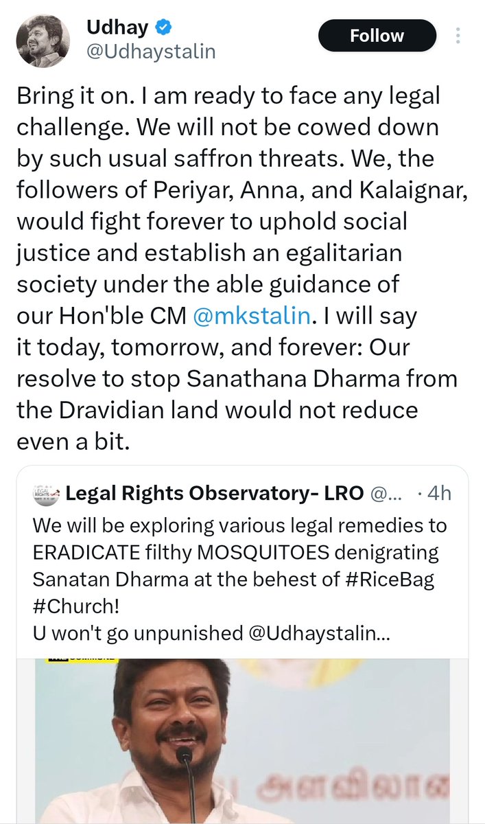 LegalLro's tweet photo. LRO has instructed Sr lawyer Adv Umesh Sharma to issue notice to CP @chennaipolice_ to register FIR against minister @Udhaystalin as per SC guidelines on hate speech; failing to do so, petition will be moved in SC against CP and DGP @PoliceTamilnadu n @mkstalin's son #DimwitUdhay https://t.co/lBqjO33xoO
