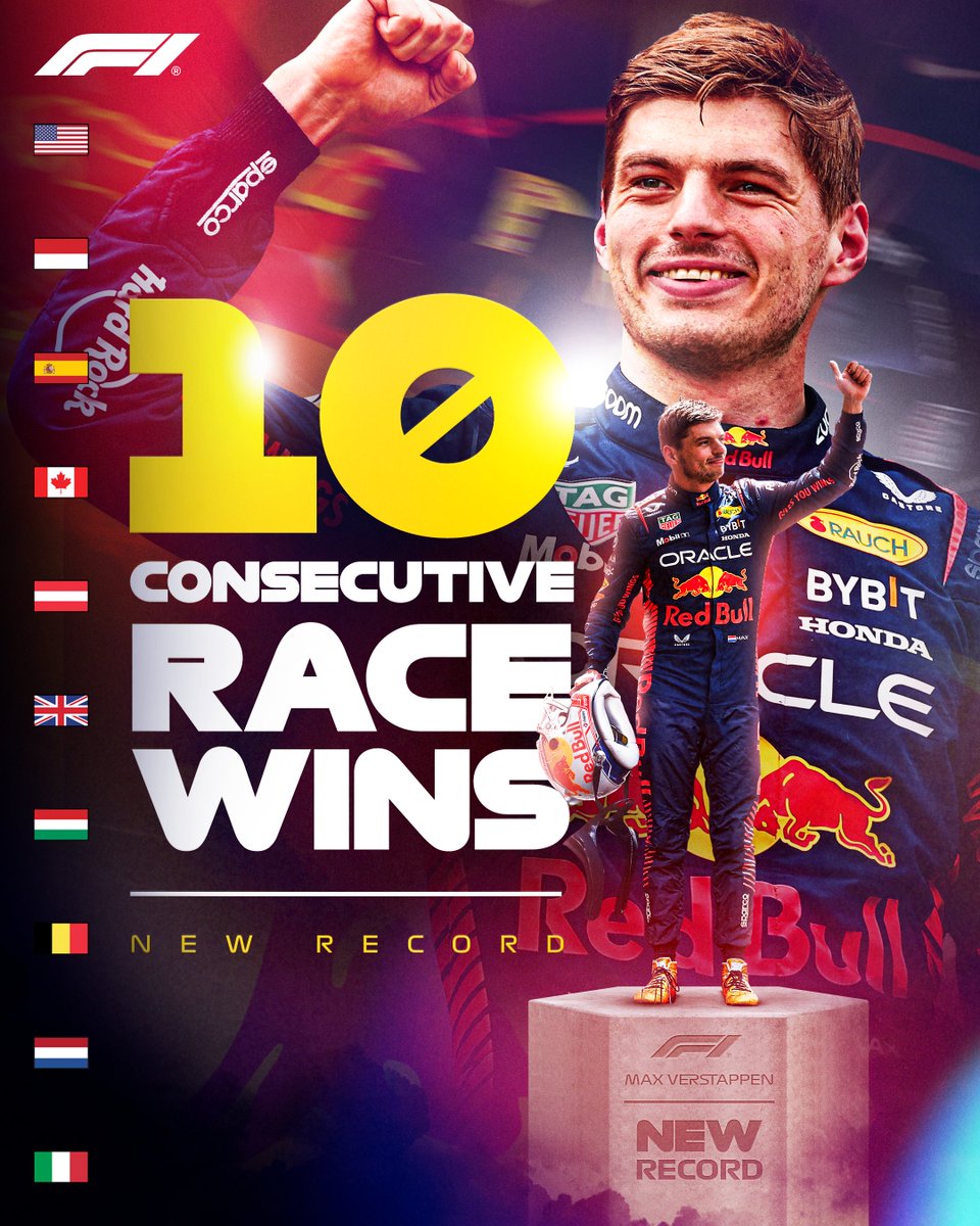 TEN OUT OF TEN! @Max33Verstappen makes history at Monza by winning an incredible TENTH race in a row, a new F1 record! #ItalianGP #F1 @redbullracing