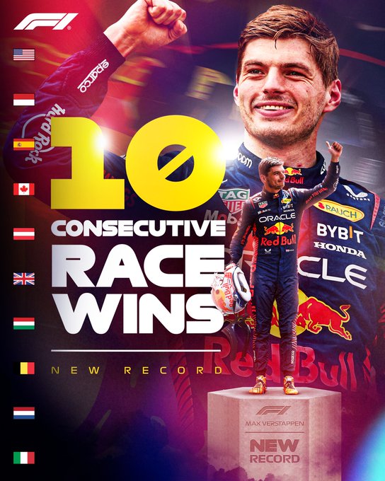 A graphic of Max Verstappen and his 10 consecutive wins, showing the flags of the USA, Monaco, Spain, Canada, Austria, Britain, Hungary, Belgium, Netherlands, and Italy
