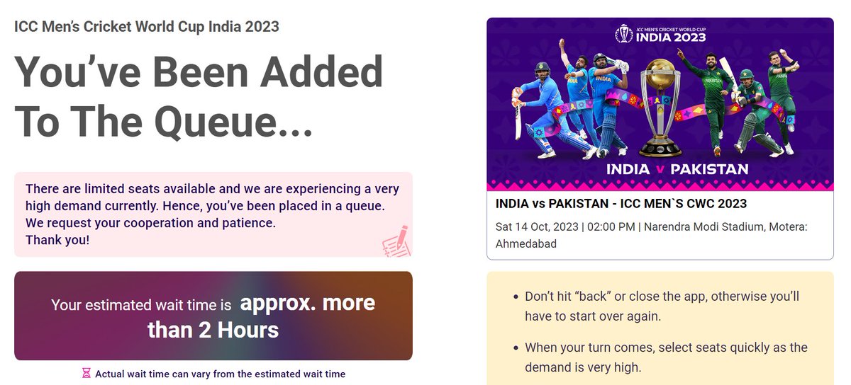 KEVAL9589's tweet photo. I tried with 4 devices at sharp 8pm. All of them are having wait times of more than 2 hours.

#BookMyShowScam #bookmyshow #BCCI #ICCWorldCup2023 #INDvsPAK #INDvPAK #icc https://t.co/LVeefdhtIK