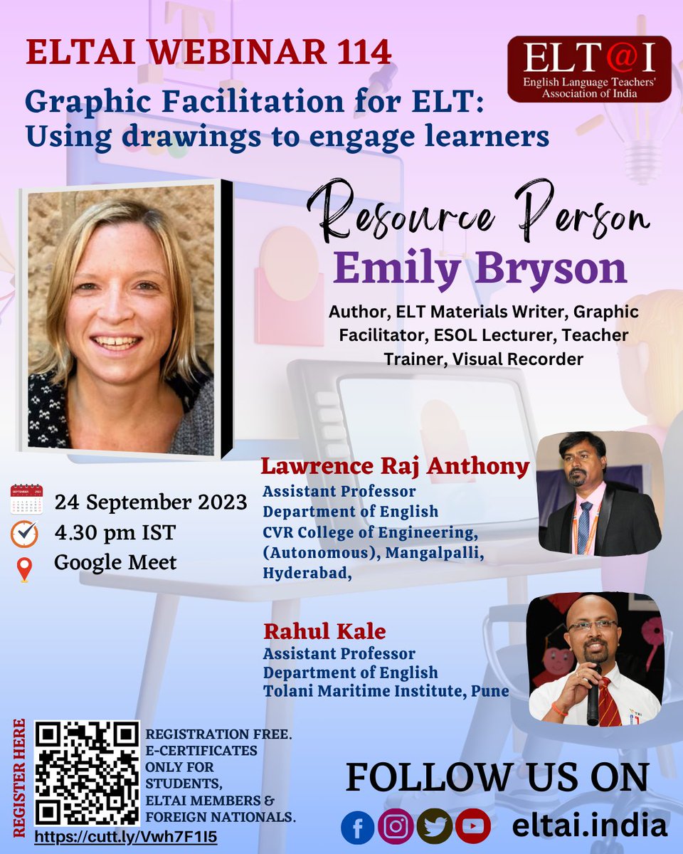 Webinar Alert!
Haven't you registered for our webinar?
ELTAI Webinar 114 titled Graphic Facilitation for ELT: Using Drawings to Engage Learners. It is to be held on 24 September 2023 at 4.30 PM IST on the Google Meet Platform

Register Now:
forms.gle/foWUVTSWqTXB9W…