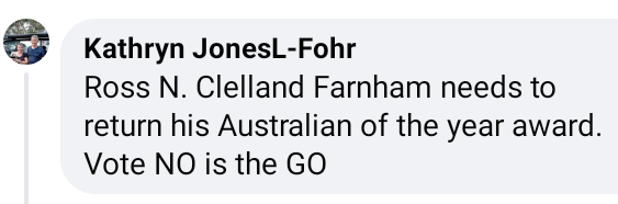 Today's winner:
Kathryn suggests because #Farnham has given his song to an ad campaign for a *government-legislated* referendum he should return his #AustralianOfTheYear award. 
God fucking save me from the truly dumb cunts of this country. 
#VoiceToParliament 
#YoureTheVoice