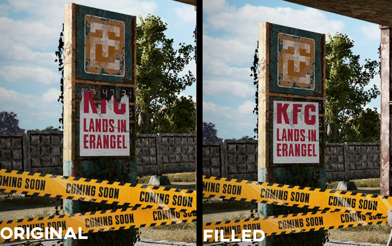 Looks like there is not any useful remaster for Erangel. In the first image there is a 'KFC Bucket'. on the second image, the missing part of the poster says 'KFC LANDS IN ERANGEL' So it's just looks like collab with KFC. I don't wanna see Giant Chicken please please...