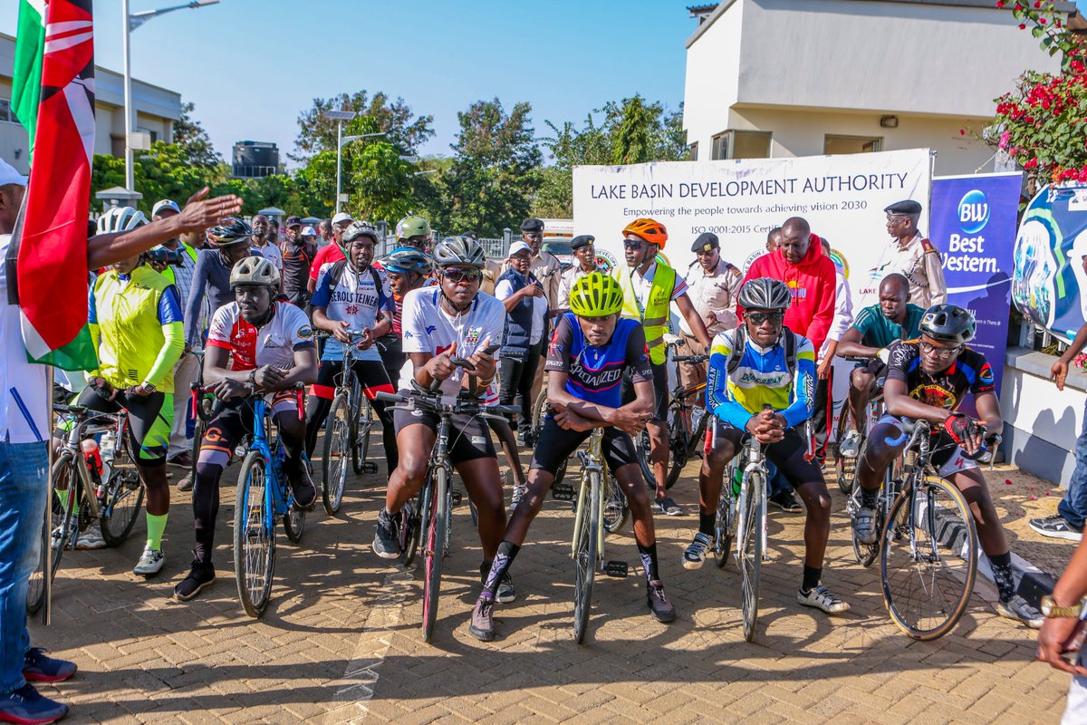 LBDAgov's tweet photo. LBDA MD @WycliffeOchiaga , Kisumu County Commissioner Hussein Alasow Hussein and Hon. Farida Salim, CEC Trade, Tourism Industry & Marketing Kisumu County Government, today officially flagged off green champion cyclists heading to Nairobi. This is meant to create awareness on the ongoing conversations around climate actions and financing. #AfricaClimateSummit2023 #ClimateAction #ACS23 #DrivingProsperity #LBDA4ClimateActionLBDA