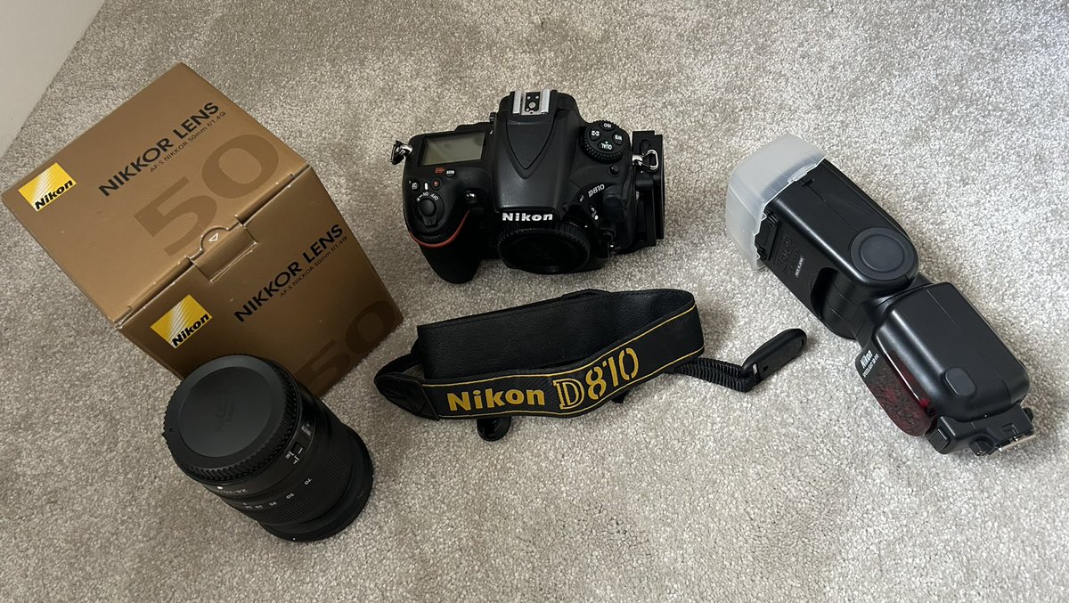 I am selling some camera gear. Please message for more details/images - Nikon D810 only ever used indoors in great condition with a low shutter count (in box) Kirk L Bracket for the D810 Nikon AF-S Nikkor 50mm f/1.4 G (in box) Nikon Z 24-70mm f/4 Nikon Speedlight SB-910 (in box)