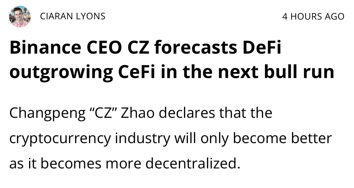 EthanDev90's tweet photo. #Binance CEO Changpeng “#CZ” Zhao declares that the cryptocurrency industry will only become better as it becomes more decentralized. #DeFi https://t.co/ecyH6x5agX