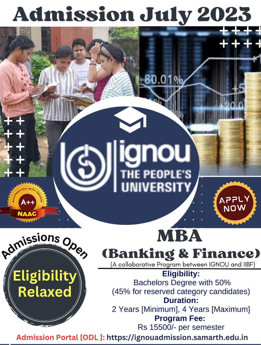 Take admission into MBA ( Banking &amp; Finance) programme without any entrance test or CAIIB qualifications. Last date for admission 10th September 2023

<a href="/IgnouVc/">VC, IGNOU</a> <a href="/ignou/">IGNOU</a> <a href="/RBI/">ReserveBankOfIndia</a> <a href="/AICTE_INDIA/">AICTE</a> <a href="/EduMinOfIndia/">Ministry of Education</a> @PIBHRD