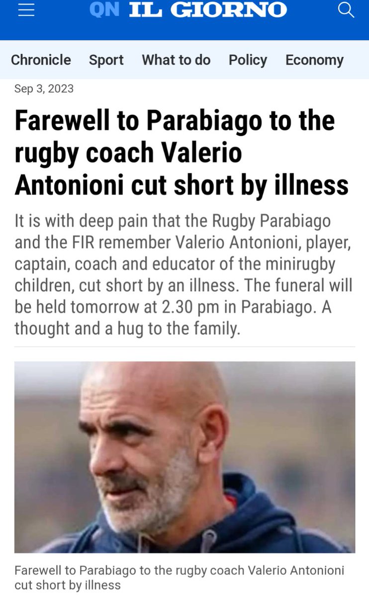 Italy, Sudden Death.

“Pain and dismay in Parabiago and in the environment of Lombard rugby for the sudden death of Valerio Antonioni,
58 years old 'player, captain, coach and educator of the minirugby children.”

ilgiorno.it/legnano/cronac…

#diedsuddenly #suddenillness