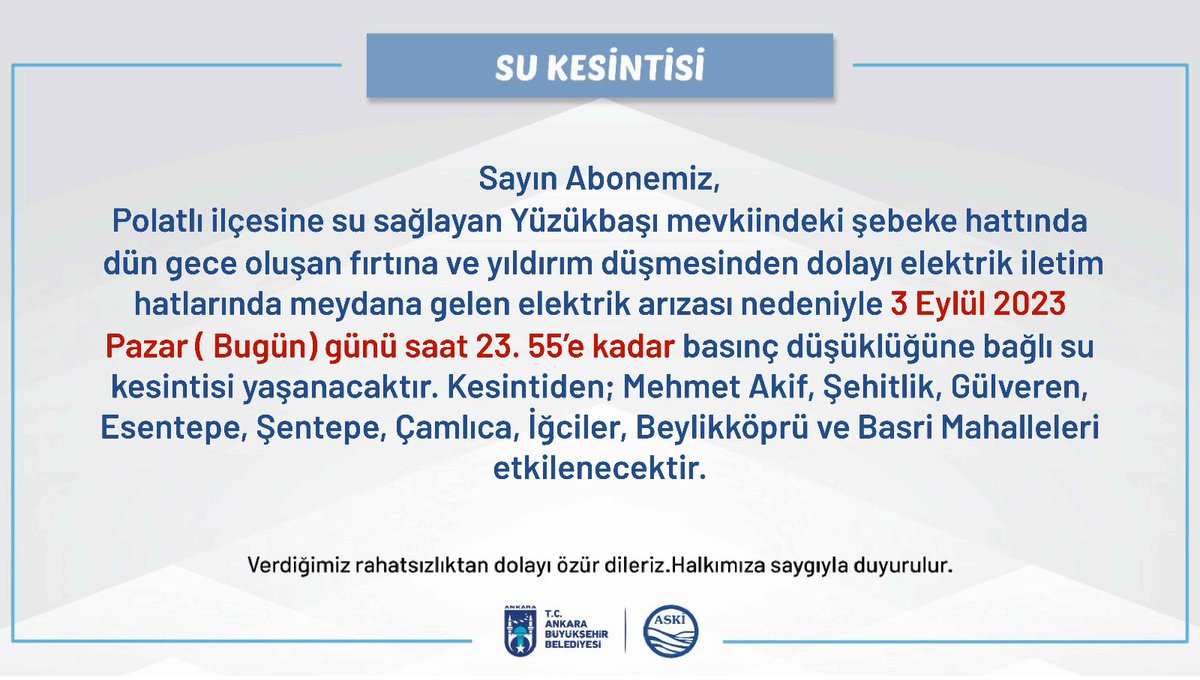 askiankara's tweet photo. 📣DUYURU

Polatlı İlçesi Su Kesintisi💦 https://t.co/gBcv2CbIZ2