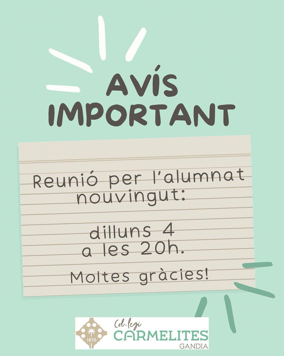 El dilluns dia 4 a les 20h tindrà lloc la reunió amb les famílies de l’alumnat nouvingut de totes les nostres etapes: infantil, primària i ESO. Us esperem!!

m.facebook.com/story.php?stor…

#carmelitesgandia #eduquemlamentielcor #educamosmenteycorazón #somosvedruna #somvedruna #gandia