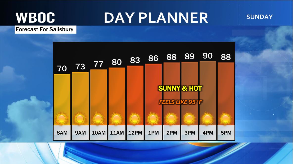 🥵 GOOD MORNING DELMARVA!

Saturday was a wonderful day on Delmarva.

The sunshine continues today, but now we're going to start an extended period of hot weather.

Find out how hot and for how long on WBOC News This Morning from 8-9 a.m.

See you then!