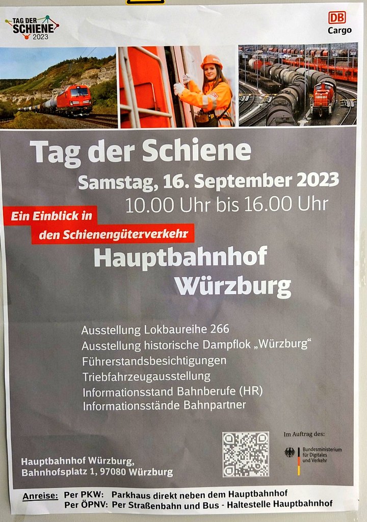 ⚠️ Achtung, ich bitte um Ihre Aufmerksamkeit ⚠️

Am 16.09. diesen Jahres ist wieder Tag der Schiene und ich werde (wie letztes Jahr) voraussichtlich wieder im Hauptbahnhof Würzburg die Baureihe 266.4 der DB vorstellen dürfen.

Kommt gerne vorbei, ich freu mich!