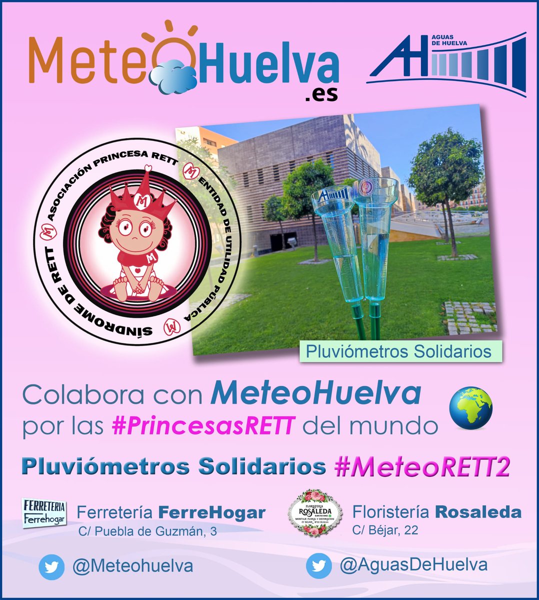 Meteohuelva's tweet photo. Y ahora que han vuelto las lluvias, que mejor momento para comprar el pluviómetro solidario de @MiPrincesaRett y @AguasDeHuelva. Os adjunto el cartel donde vienen los puntos de venta. ¿Podéis compartir? Gracias! https://t.co/p5p9uVSFZ6