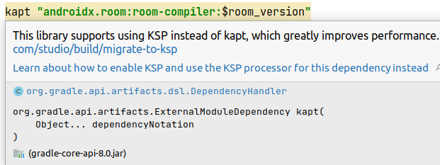 sergeevme's tweet photo. In case you missed it, #AndroidStudio Giraffe has started highlighting #libraries in build.gradle that support #KSP.

#Gradle #Android14 #Developers #AndroidDevs #AndroidDev #Kapt #Android_learn https://t.co/CJ3l8uCOs5