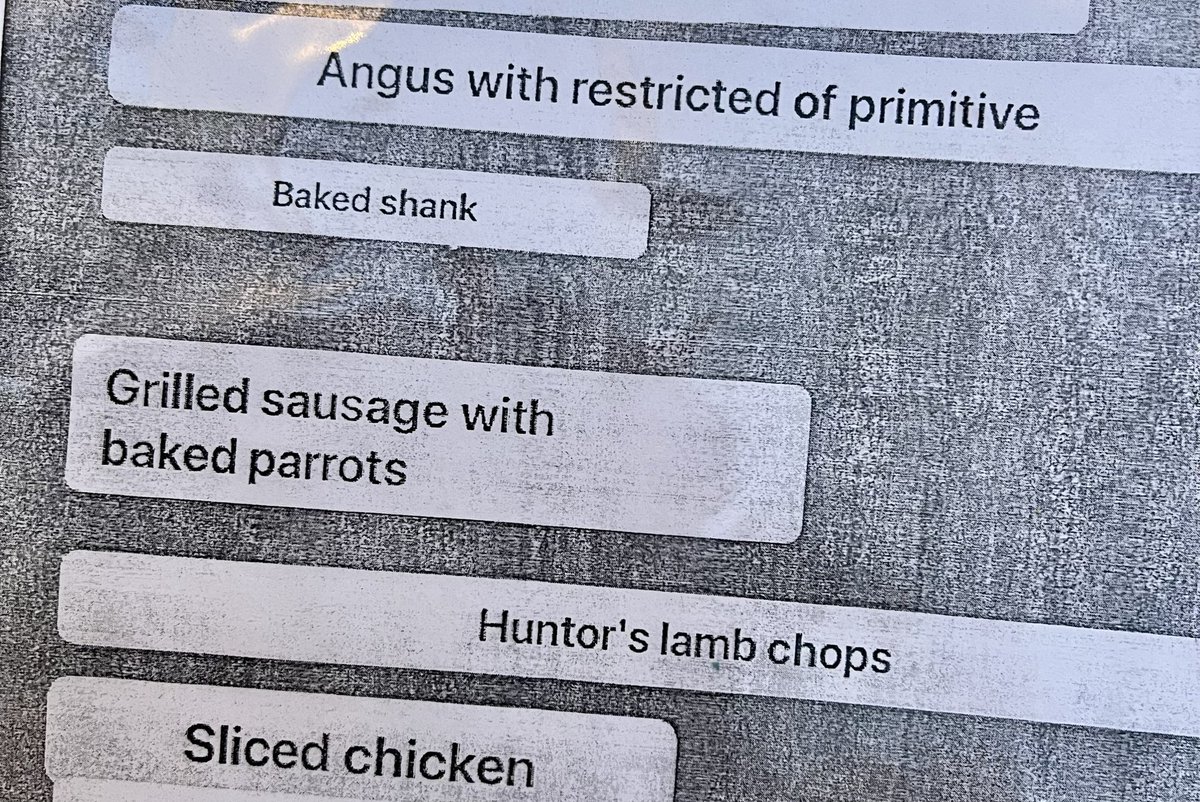 If the chef exercised a bit more ‘restricted of primitive’ in the kitchen, I feel sure the baked parrots would be off the menu #lostintranslation #holidaymeals