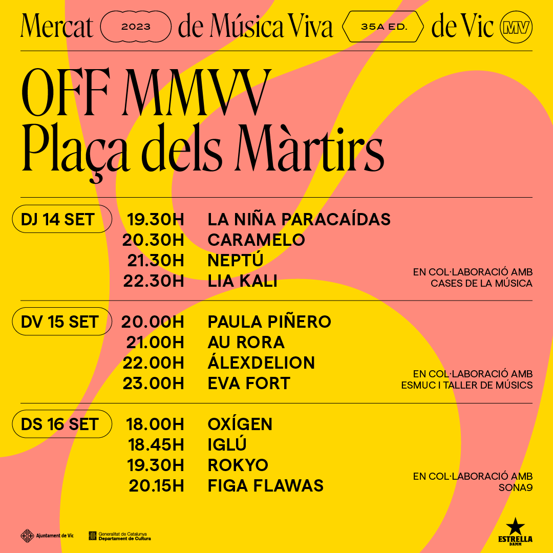 MercatMusicaVic's tweet photo. 💥 Cartell de l'escena OFF del #MMVV! Una col·laboració amb entitats i institucions del sector per a donar a conèixer artistes que estan fent-se un lloc en el circuit musical 🎸

Amb @casesdelamusica, @esmuccat, @tallerdemusics i el concurs @sonanou 👏 https://t.co/7eN6Qg6lm2
