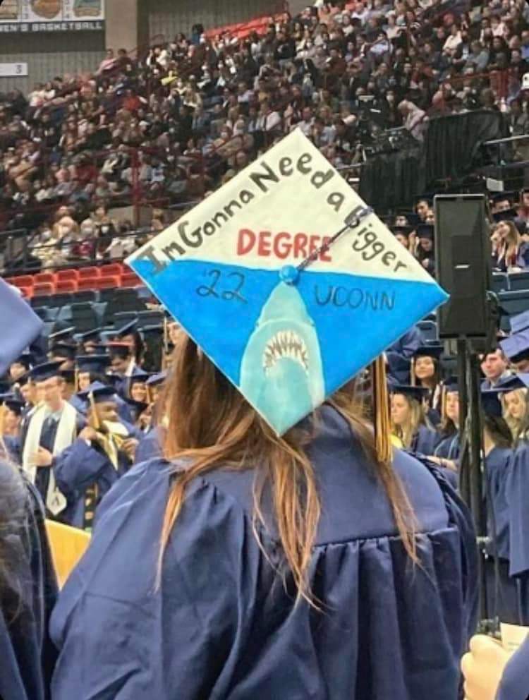 thedailyjaws's tweet photo. That's some bad (as in good) graduation hat, as seen at the University of #Connecticut #Graduation Commencement.

Who wore a hat best in #JAWS or one of its sequels? https://t.co/YJFy25UCTT