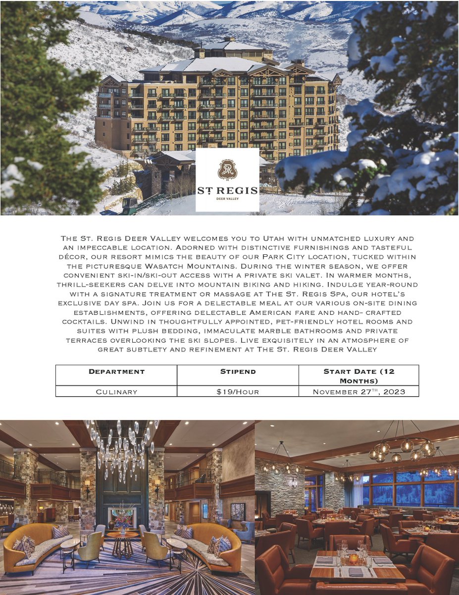 J1Training's tweet photo. Hello Chefs,

The St. Regis Deer Valley, Utah is looking for Culinary trainees.

To apply please forward your updated resume to talents@j1training.org or fill up an application form online at https://t.co/VM6xpr1la3. https://t.co/YbYuPTdfBR